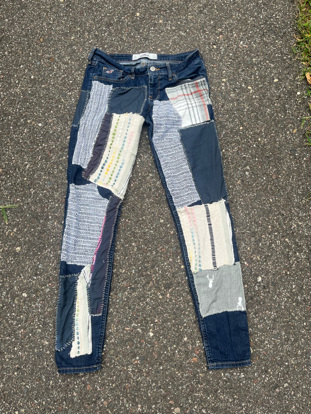 Hollister OOAK Reworked Patchwork Skinny Jeans Textured Boho Dark Wash